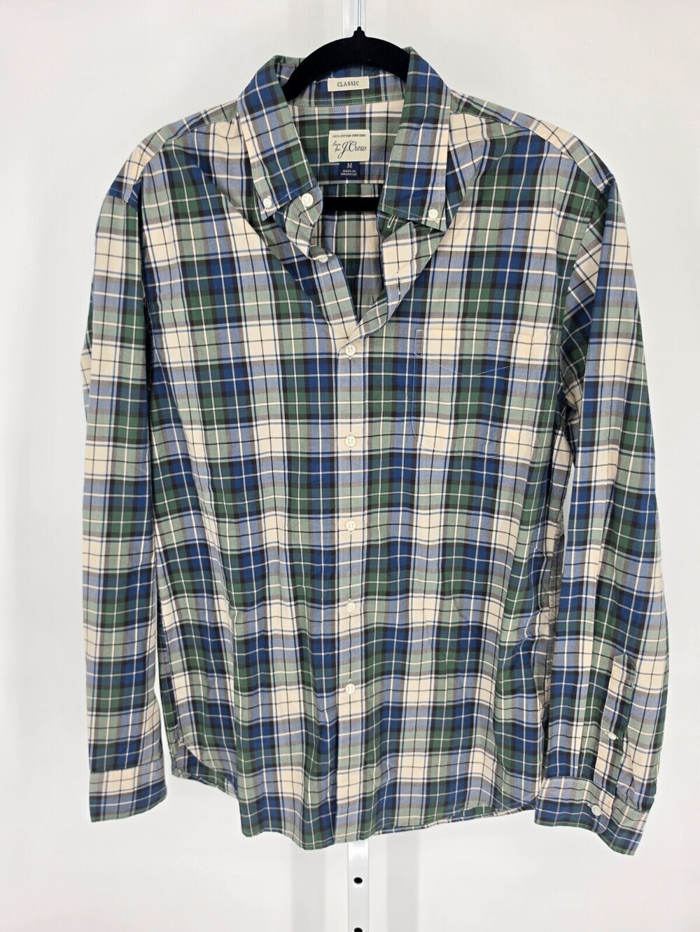 J Crew Mens Sz M Long Sleeve Classic Fit Button Up Plaid Shirt Green Blue Cotton